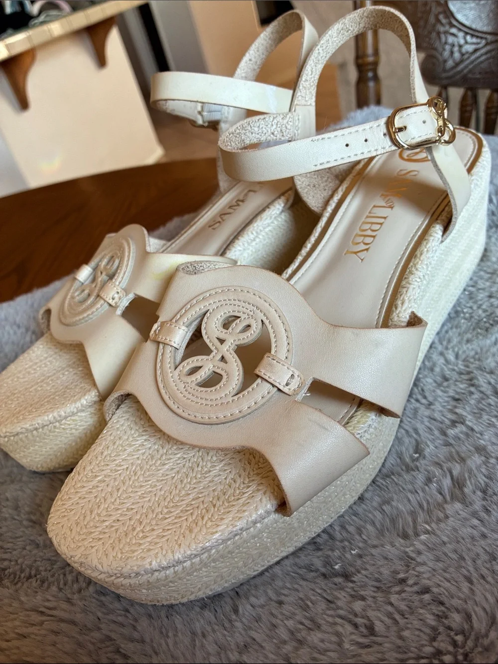 Sam & Libby Cream Platform Espadrille Sandals with Ankle Strap